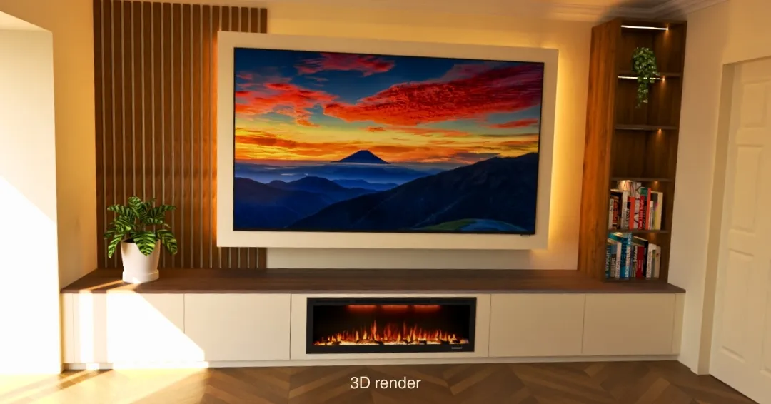 Media wall with oak-backed shelving